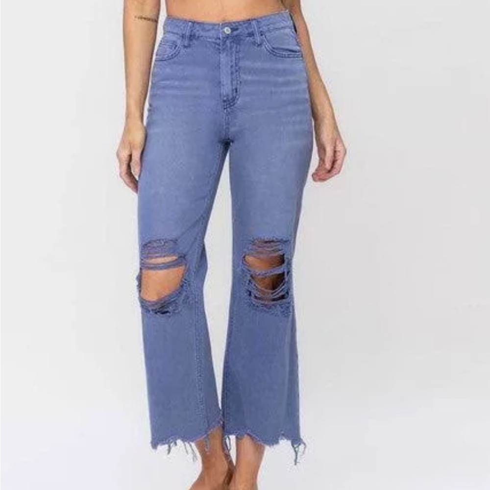 VERVET Indigo 90's Vintage Destroyed Knees Raw Hem Cropped Flare Jeans